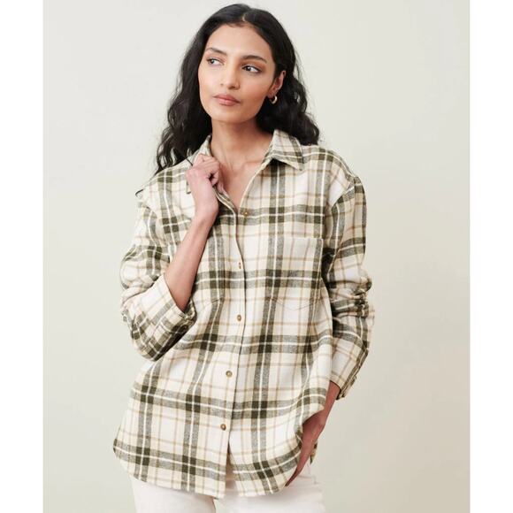 JENNI KAYNE O'Keeffe Overshirt Button Down Oatmeal Plaid Wool Sz XXL {3S31}